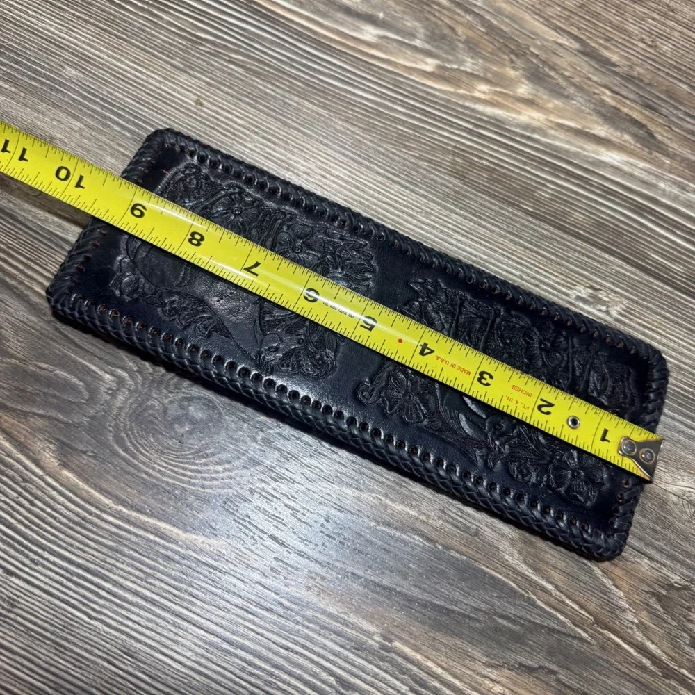 Vintage Tooled Leather Horse Wallet Western Cowboy Black Whipstitch Money Clip